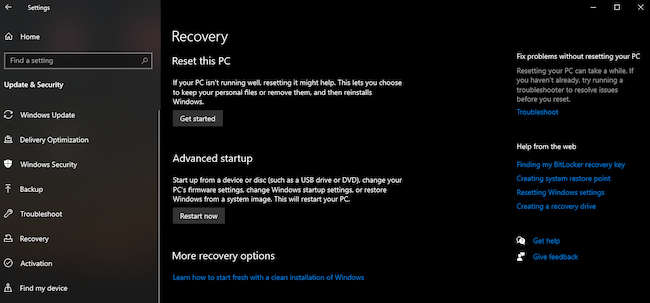 Choose Recovery on Windows to wipe your computer data.