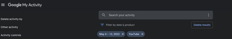 Click Delete results to remove YouTube watch history for that date.