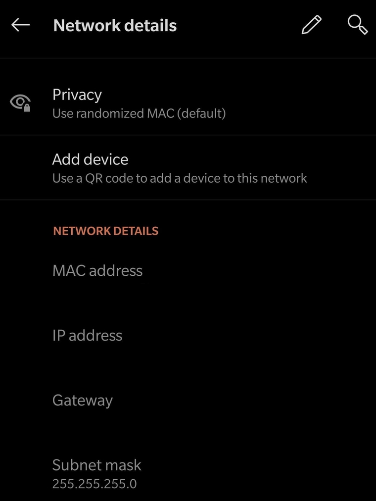 Find subnet mask on Android by reviewing the network details.