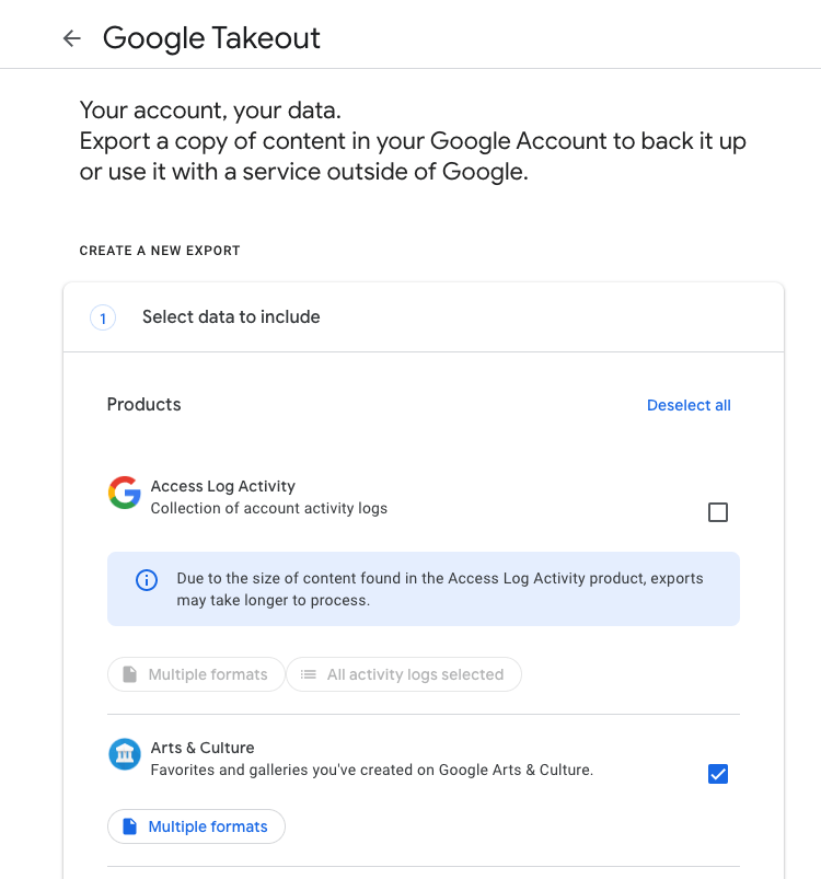 Open Google Takeout to easily download Google data.